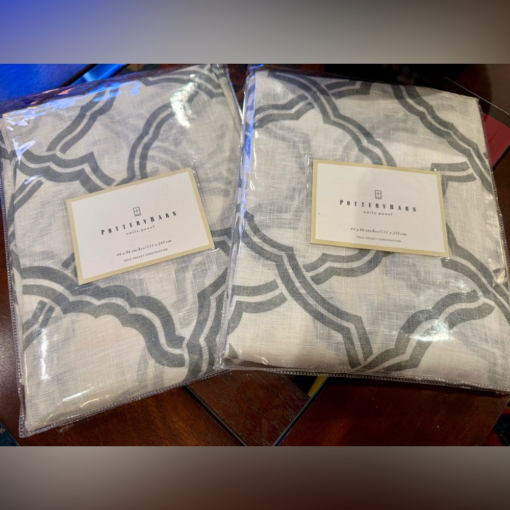 Set of 2 Pottery Barn Kendra Trellis  Voile Curtains in Blue Gray and White